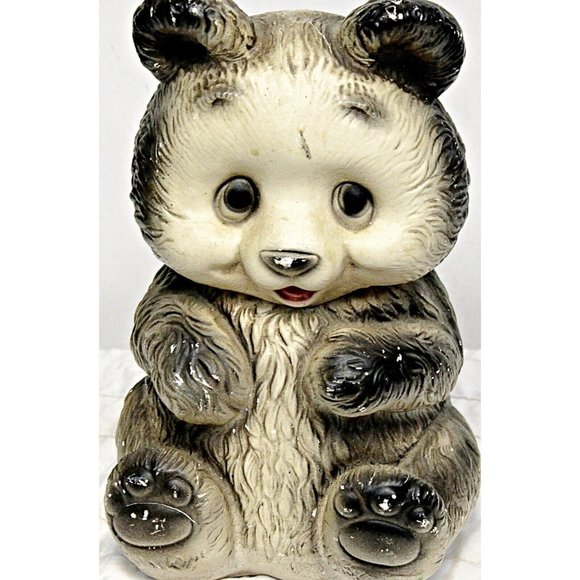 Vintage 12" Chalkware Smiling Bear Gray White Indoor Decor Figure - Picture 1 of 9